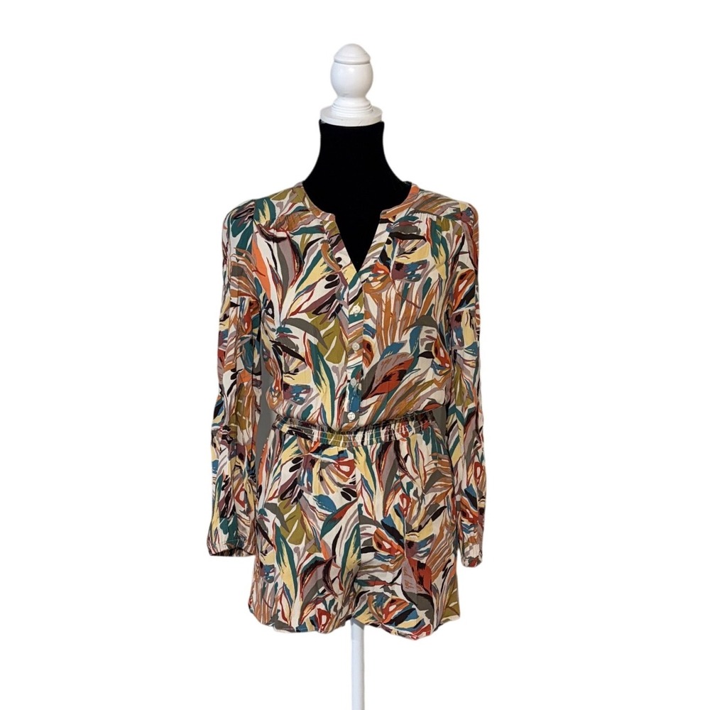 Evereve Women S Abstract Tropical Print Romper Long Sleeve Boho Resort Vacation